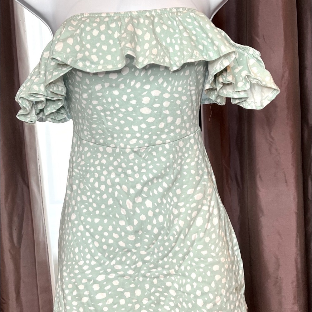 Light teal and white polkadot off the shoulder summer dress